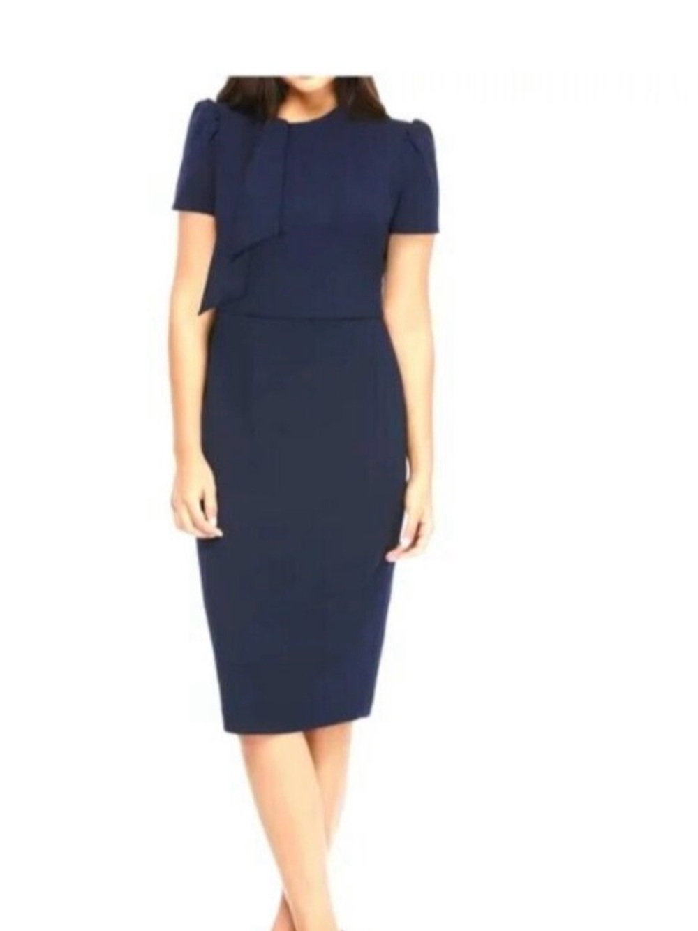 Maggy London Navy Midi Sheath Dress with Neck Tie Accent